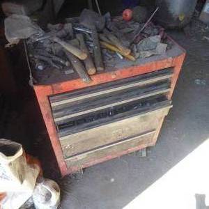 lot 45 image: 26 x 25 x 18 Rolling Craftsman Steel Tool Box with Misc. Tools