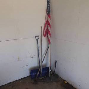 lot 71 image: Lot of Yard Tools & American Flag Post