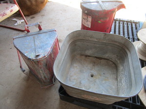 lot 829 image: GALVANIZED TUB WITH RAG PAILS AND PARTS BINS