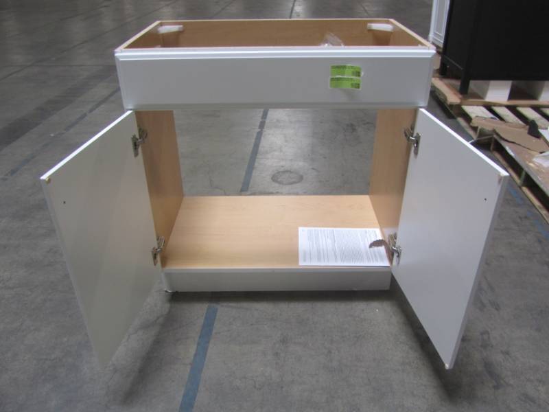 lot 302 image: Project Source White Single Sink Vanity - Cabinet Only - (Common 30-in x 19-in) BAC VBCU3018