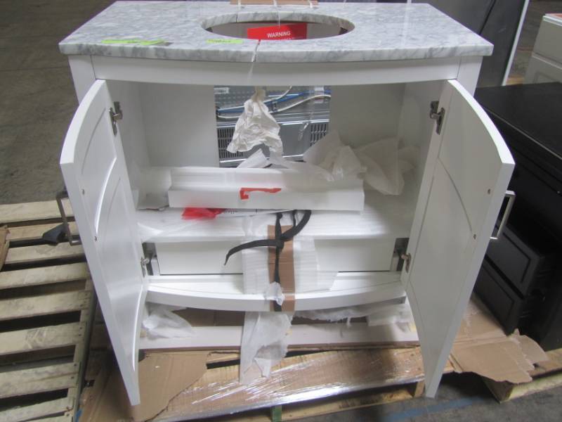 lot 303 image: allen  roth Moravia White Single Sink Vanity with Natural Carrara Marble Top 1142VA-36-201