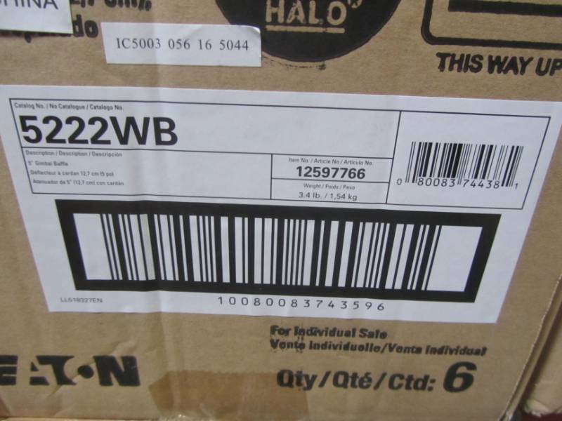 lot 848 image: (Pack of 6) Halo - Recessed 5 in. Recessed Adjustable White Baffle Trim Ring 30-Deg. Max. tilt 5222WB