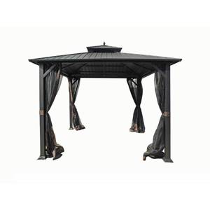 lot 121 image: Hampton Bay Holden 10 ft. x 10 ft. Black Hard Top Galvanized Steel Gazebo, TPGAZ9011 - MAY BE MISSING PARTS.