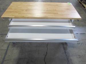 lot 339 image: Husky 52 in. Adjustable Height Workbench Table with 2-Drawers in White HOLT5202BJ1