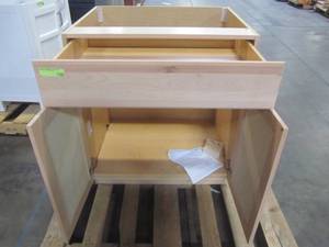 lot 213 image: Hampton Bay Assembled 30 x 34.5 x 24 Base Kitchen Cabinet in Unfinished Beech KB30-UF