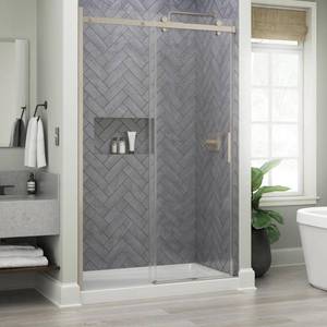 lot 635 image: Delta Commix 48 in. x 76 in. Frameless Sliding Shower Door in Nickel with 516 Clear Glass, SDES848-BN-R.  NEW
