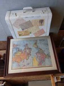 lot 9 image: Decorative Suitcase & Framed World Map