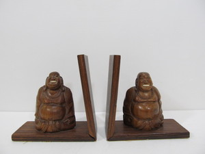 lot 28 image: Pair of Vintage Hand Carved Smiling Wooden Buddha Bookends