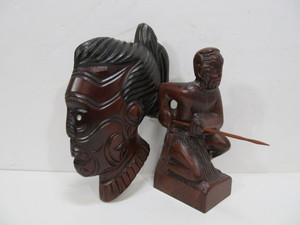lot 37 image: Hand Carved New Zealand Maori Wooden Statue & Face