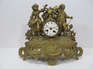 lot 41 image: Antique Figural Brass & Cast Metal Mantel Clock