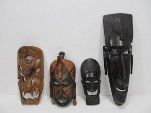 lot 43 image: 4 Vintage Hand Carved Wood Tribal Masks