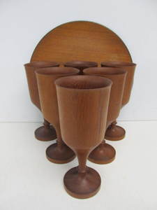 lot 112 image: Vintage Mid Century Large Teak Wood Goblets & Tray