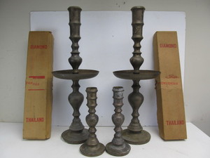 lot 57 image: LARGE Old Vintage Solid Brass Candle Stands wCandles