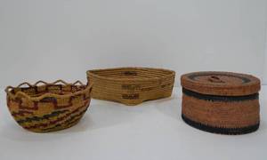 lot 187 image: Group of Tightly Woven Handmade Pine Needle etc Baskets