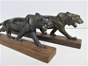 lot 205 image: Pair of Vintage Hand Carved Buffalo Horn Tiger Sculptures