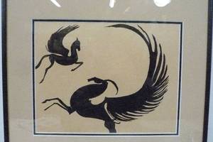 lot 232 image: Original Mid Century Modern Leaping Unicorns Art