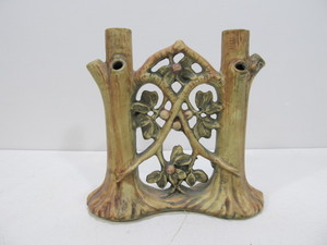 lot 239 image: Vintage Signed WELLER Art Pottery Flower Frog Double Bud Vase