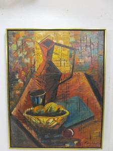 lot 298 image: Original Mid Century Modern Style Abstract Still Life Oil on Canvas Signed