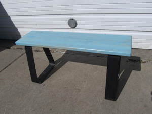 lot 258 image: Nice Wood Top Blue Painted Bench wIron Base