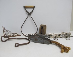 lot 279 image: Antique Ice Tongs Pulley Drawer Pulls etc