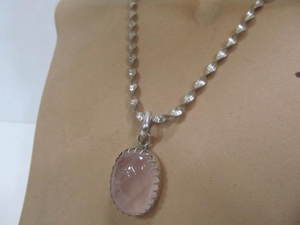 lot 306 image: Large Pink Rose Quartz Sterling Silver Pendant Necklace