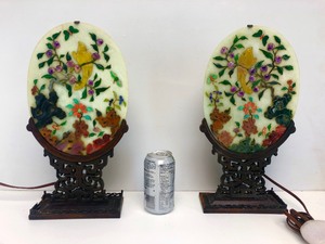 lot 2 image: Pair of Antique Oriental Carved  Celadon Jade & Stone Oval Lighted Table Screens