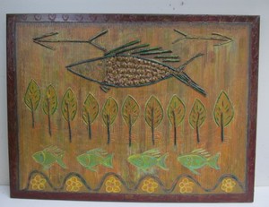 lot 181 image: Large Signed Original Mixed Media Textured Fish Painting on Canvas by Los Angeles Artist Adolfo Girala
