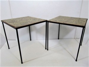 lot 99 image: Matching Pair of Vintage Smaller Metal Side Tables with Italian Art Pottery Tile Top