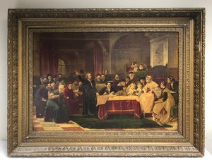 lot 9 image: HUGE  Antique Ornately Framed Lithograph - Christopher Columbus & Queen Isabella