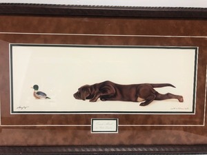 lot 316 image: Framed Signed Brett Longley Quack Attack Print- Dog Hunting Duck