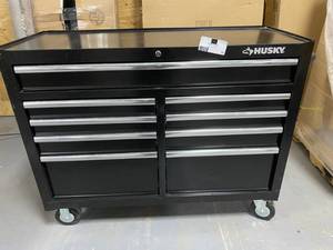 lot 31 image: HUSKY 46 in. W x 18.1 in. D 9-Drawer Tool Chest Mobile Workbench with Solid Wood Top
