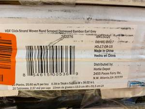 lot 34 image: HOME DECORATORS COLLECTION 3 cases Hand Scraped Strand Woven Earl Grey 38 in. T x 5-18 in. W x 36 in. L Engineered Click Bamboo Flooring