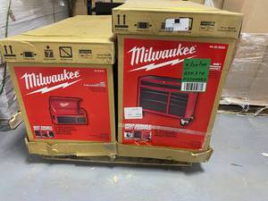lot 48 image: MILWAUKEE 46 in. 16-Drawer Steel Tool Chest and Rolling Cabinet Set, Textured Red and Black Matte