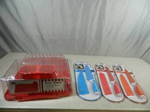lot 67 image: New Red Dish Rack and New Knives