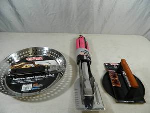lot 72 image: New Cast Iron Grill Press, New Pink BBQ Tool Set, ann New Grilling Skillet