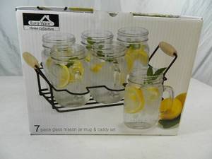 lot 88 image: New 7 Piece Glass Mason Jar Mug and Caddy Set
