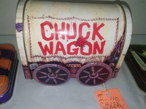 lot 322 image: 3 metal tins Chuck Wagon rolling stagecoach and more