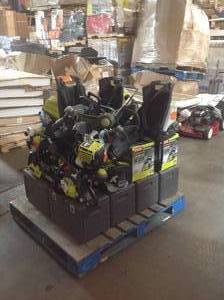 lot 1 image: Pallet of Assorted Outdoor Tools - includes  chainsaws, Backpack Blowers, and weed trimmers  ( Brand includes Ryobi ) Customer returns