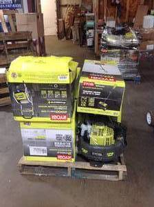 lot 2 image: Pallet of Ryobi Outdoor Tools includes Backpack Blower, Wet tile saws , snow shovels , pressure washers  customer returns