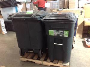 lot 14 image: Pallet of assorted trashcans and trash hide away refuse containers various models and sizes