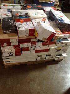 lot 22 image: Pallet of assorted branded kitchen and bathroom faucets, and shower heads customer returns for parts or repair