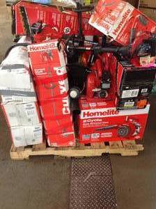 lot 28 image: Pallet of outddoor tools includes Homelite and Toro Gas Blowers, Weed Trimmers customer returns