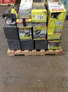 lot 29 image: Pallet assorted Ryobi outdoor tools Gas blowers, Chainsaws, Weed Trimmers and more customer Returns