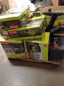 lot 30 image: Pallet assorted Ryobi outdoor tools Gas blowers, Chainsaws, Weed Trimmers and more various models and conditions customer Returns