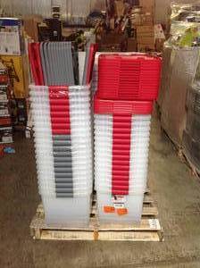 lot 40 image: Pallet of assorted storage bins,  boxes and more different sizes and conditions