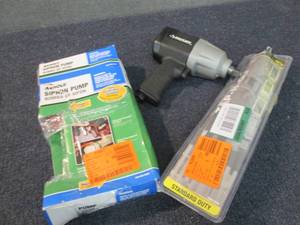 lot 195 image: Husky tool Siphon Pump, Screen Door...