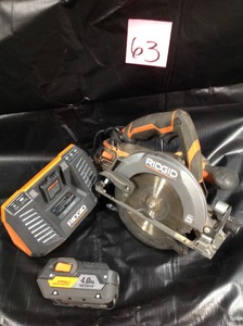 lot 63 image: Rigid R8651, 18V Cordless 6 12 Circular Saw charger and 1 - 4 hr battery used in working condition