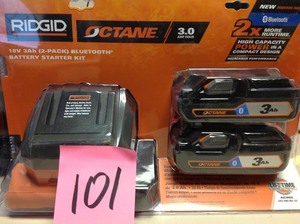 lot 101 image: Ridgid 18-Volt OCTANE Bluetooth 3.0 Ah Batteries (2-Pack) and Charger Kit with Tool Bag New