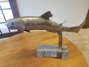 lot 59 image: Cast Steel Trout Fish Sculpture on Stone Block