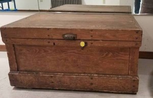 lot 34 image: Antique Wooden Strong Box Chest with Key